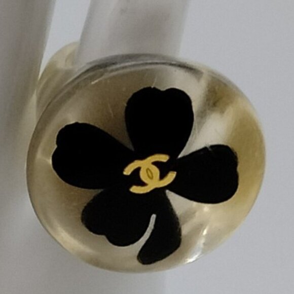 Authentic CHANEL Ring Black Clover Resin Clear Ring 6 EUC w CARD - Picture 1 of 10